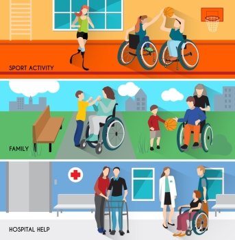 Disabled People Horizontal Banners Set. Disabled people horizontal banners set with sport activity and family symbols flat isolated vector illustration
