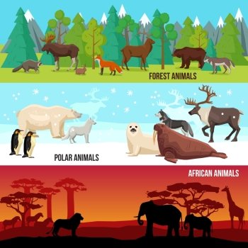 Flat Animal Banners Set. Flat horizontal banners set with forest polar and african animals on nature backgrounds isolated vector illustration
