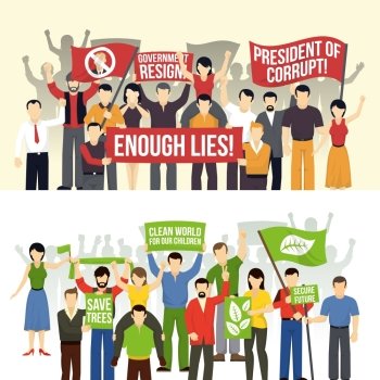 Political And Ecological Demonstrations Horizontal Banners . Political and ecological demonstrations horizontal banners with crowd demanding people with flags placards isolated vector illustration  