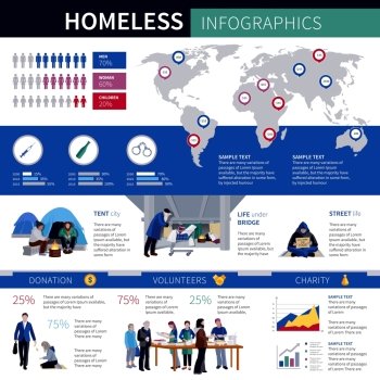 Homeless Infographics Layout. Homeless infographics with statistic of proportion growth of homeless men women and children in world society flat vector illustration 