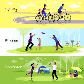 Active Leisure People Horizontal Banners. Active leisure people horizontal banners with sports events in spare time in flat style vector illustration