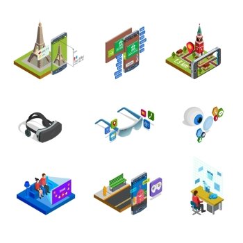 Augmented Reality Isometric Icons Set . Augmented computer generated modified reality elements gadgets and accessories with smart glasses isometric icons set isolated vector illustration 