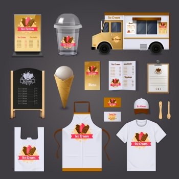 Ice Cream Selling Design Set. Ice cream selling realistic design set with apron and street food cart design isolated vector illustration 