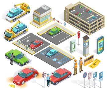 Parking Isometric Elements Set. Parking isometric elements set with cars policeman building stealing evacuator roadsigns charging station ticket isolated vector illustration