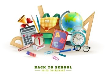 Back To School Accessories Composition Poster . Back to school background poster for with office stationary supply items alarm clock and classroom accessories vector illustration 