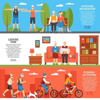 Old People Activities Banners. Three horizontal old people banners set with flat senior characters outdoor sport and indoor leisure activities vector illustration