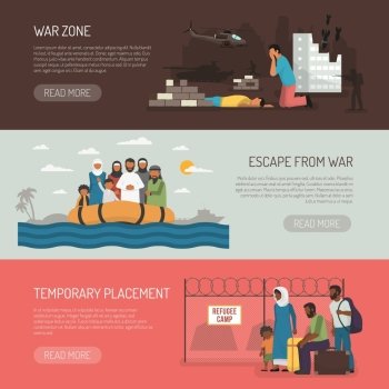 Horizontal Immigration Banners. Horizontal immigration banners set of temporary placement and war zone compositions flat isolated vector illustration