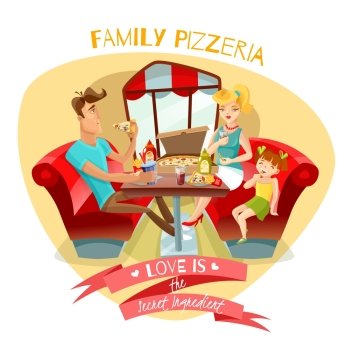 Family Pizzeria Vector Illustration. Family pizzeria design concept with  young parents and their daughter at dinner table in pizzeria interior flat vector illustration