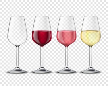 Wineglasses Alcohol Drinks Set Transparent Poster . Classic wineglass alcohol drink glasses set with red white and rose wine realistic transparent poster vector illustration  