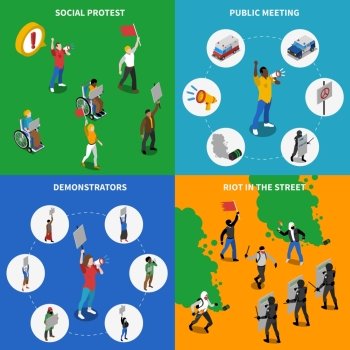 Demonstration Protest 4 Flat Icons Square . Peaceful social and political protests rallies and riots 4 isometric icons square poster abstract isolated vector illustration  