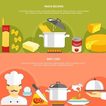 Food Flat Horizontal Banners. Food flat horizontal banners with ingredients for pasta cooking and chef work responsibilities vector illustration