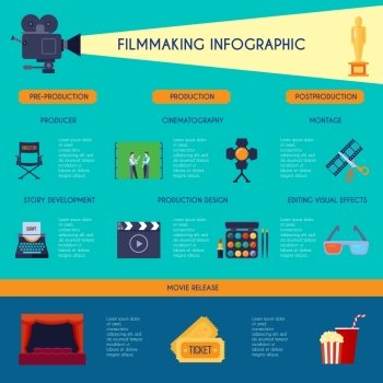 Cinematography Filmmaking Flat Infographic Poster. Filmmaking ibfographic flat retro style poster with movie making and watching classic symbols blue background vector illustration 