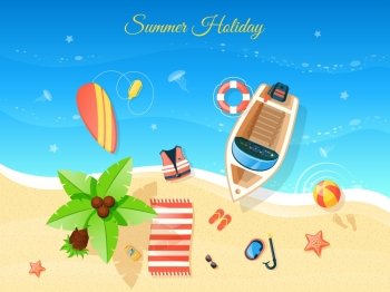 Beach Top View Illustration . Beach and summer holiday  top view with boat flat vector illustration 