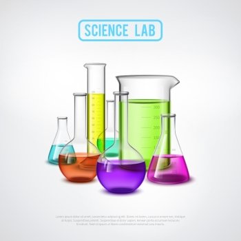 Sceince Lab Composition. Laboratory equipment composition with realistic glass test tubes colorful liquids flat isolated vector illustration 