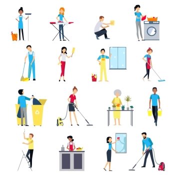 Cleaning People Icons Set. Cleaning people flat colored icons set with men and women house working cleaning washing isolated vector illustration