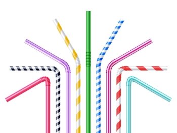 Drinking Straws Realistic Illustration. Drinking plastic straws in different colors with stripes realistic vector illustration 
