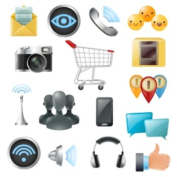 Social Media Symbols Accessories Icons Collection . Social media symbols accessories equipment gleaming  icons collection with headphone cell phone like and emoji isolated vector illustration 