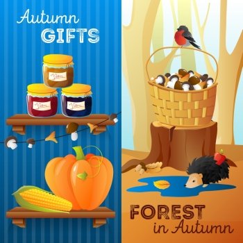 Autumn Vertical Banners. Flat design vertical autumn banners with seasonal vegetables jam mushrooms and forest animals isolated vector illustration