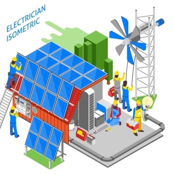 Electrician People Isometric Composition. Colored 3d electrician people isometric composition people are doing their job installation of solar panels vector illustration