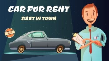 Best Rental Car Retro Cartoon Poster . Best rental car prices with excellent service vintage poster with smiling shop owner retro cartoon vector illustration 