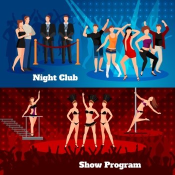 Night Club Dance Show 2 Flat Banners. Night club erotic pole dance show program 2 flat horizontal banners with sexy girls  isolated vector illustration 