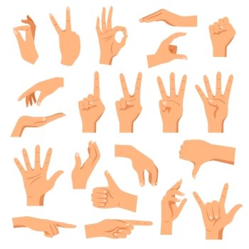 Set Of Hands. Set of hands in different gestures emotions and signs on white background isolated vector illustration
