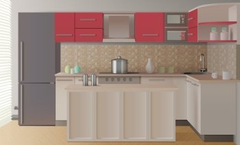 Kitchen Interior Composition. Colored kitchen interior composition in modern style and realistic with breakfast bar vector illustration