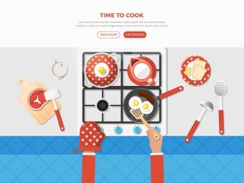 Cooking Top View Poster. Top view cooking poster of different kitchenware and some food like fried eggs or raw steak vector illustration