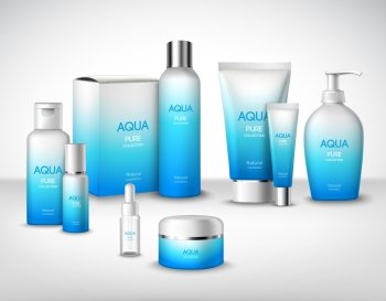 Cosmetics Decorative Set. Aqua pure natural treatment cosmetic packages decorative set vector illustration