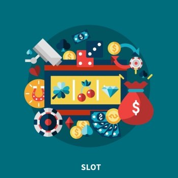 Casino Slot Icons Round Composition. Casino gaming icons round composition with coins dice money diamond clover cherry symbols flat vector illustration