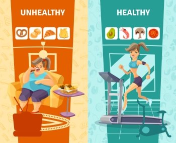  Healthy And Unhealthy Woman Banners Set . Healthy and unhealthy woman vertical banners set cartoon isolated vector illustration 