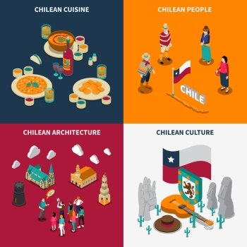 Toristic Chili 4 Isometric Icons Set . Chili attractions for tourists 4 isometric icons square poster with national culture cuisine and landmarks isolated vector illustration 