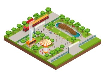 Amusement Park Isometric Concept . Amusement park isometric concept with roller coaster and train symbols vector illustration 
