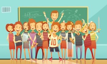 Traditional School Education Retro Cartoon Poster . Classic school education classroom retro cartoon poster with standing smiling kids and chalkboard on background vector illustration 