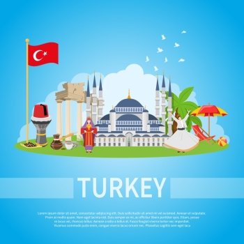 Turkey Flat Composition. Turkey flat design composition with mosque man and woman in ethnic clothes and historical landmarks icons vector illustration