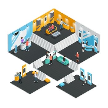 Multistore exhibition stands isometric. Multistore interior template with exhibition stands isometric composition vector illustration