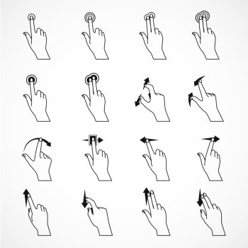 Touch Gestures Black Line Icons . Set of sixteen isolated black line icons imaging hand gestures for working with smartphone tablet and pad vector illustration 