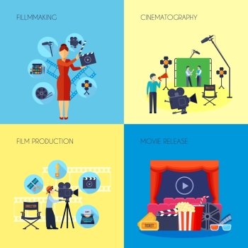Filmmaking Concept 4 Icons Square . Filmmaking concept 4 flat icons square with movie director with loudspeaker and cameraman abstract isolated vector illustration 