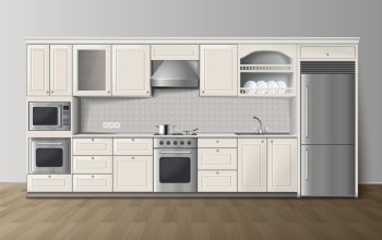 Luxury Kitchen White Realistic Interior Image . Modern luxury kitchen white cabinets with built-in cooker and refrigerator realistic side view image vector illustration 