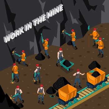 Miner People Isometric Composition. Coal industry isometric composition with miner people working in mine vector illustration 