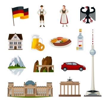 Germany Flat Icons Collection. Germany flat icons collection with traditional elements symbols and main sights of country isolated vector illustration