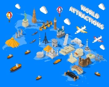 Isometric World Famous Landmarks Map POster. World famous touristic attractions isometric map poster with leaning pisa tower and empire state building vector illustration 