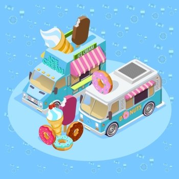 Food Trucks Isometric Composition Poster. Street food trucks isometric composition poster with ice cream van and donuts bus blue background vector illustration 