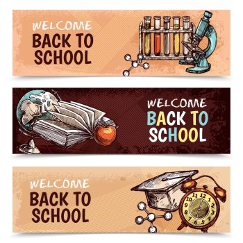 Back To School Banners. Horizontal welcome back to school banners with textural backgrounds and various colorful tools for studying sketch hand drawn isolated vector illustration