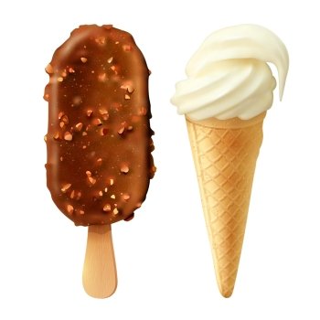 Food 2 Ice Creams  Realistic Set. Vanilla flavored cone and coated with chocolate ice cream bar set realistic dessert snack food vector illustration 