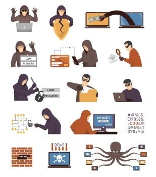 Internet Security Hackers Flat Icons Set. Internet security hackers tools tricks and schemes flat icons collection with broken padlock octopus  isolated vector illustration 