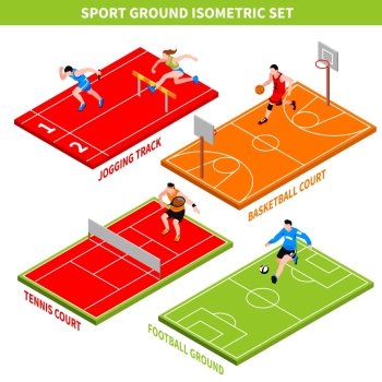 Sport Isometric Concept. Isometric concept with jogging track and colorful courts and grounds for various sport games isolated on white background vector illustration