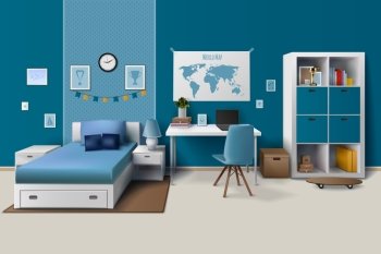 Teen Boy Room Interior Realistic Image  . Teen boy room interior design with trendy workspace for homework cupboard and bed in blue realistic vector illustration.