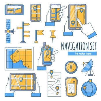 Navigation Flat Color Icons Set. Navigation flat color icons set with map compass satellite dish and navigation app on mobile screen isolated vector illustration
