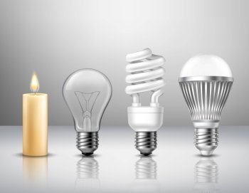 Light Evolution Concept. Realistic light evolution concept from candle to modern led bulb on glassy surface isolated vector illustration